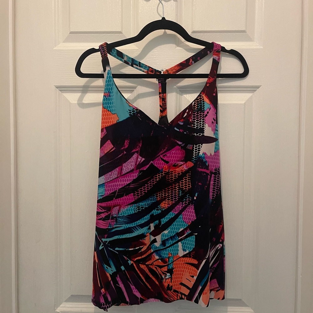 Aqua Green Tankini Top, multi print, shelf bra, XL